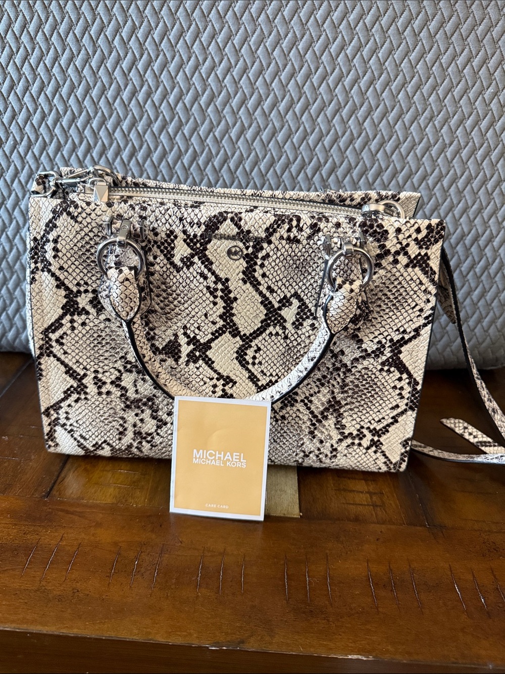 Michael Kors Beige Snake-Print Leather Satchel